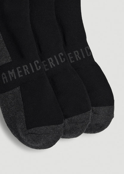 3-Pack Quarter Socks for Tall Men in Black with Grey