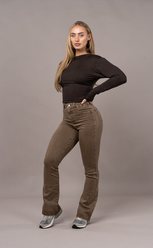 Womens Pastel Flared Fitjeans - Brown