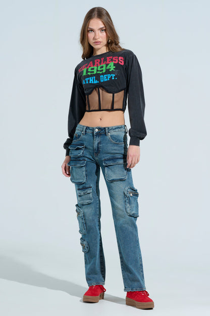 ALL OVER POCKET DETAIL RELAXED FIT JEANS IN MEDIUM BLUE DENIM