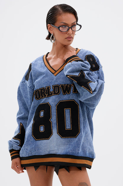 ALL AROUND THE WORLD DENIM SWEATSHIRT